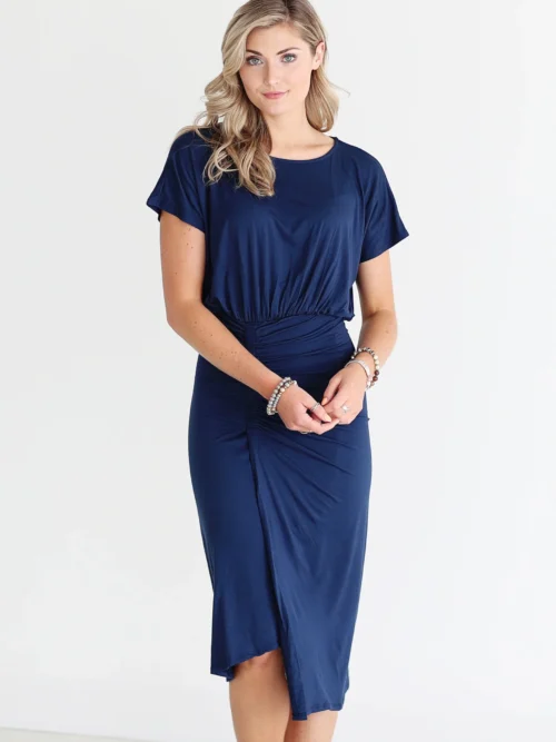 Navy DLMN Ruched Side Midi Dress